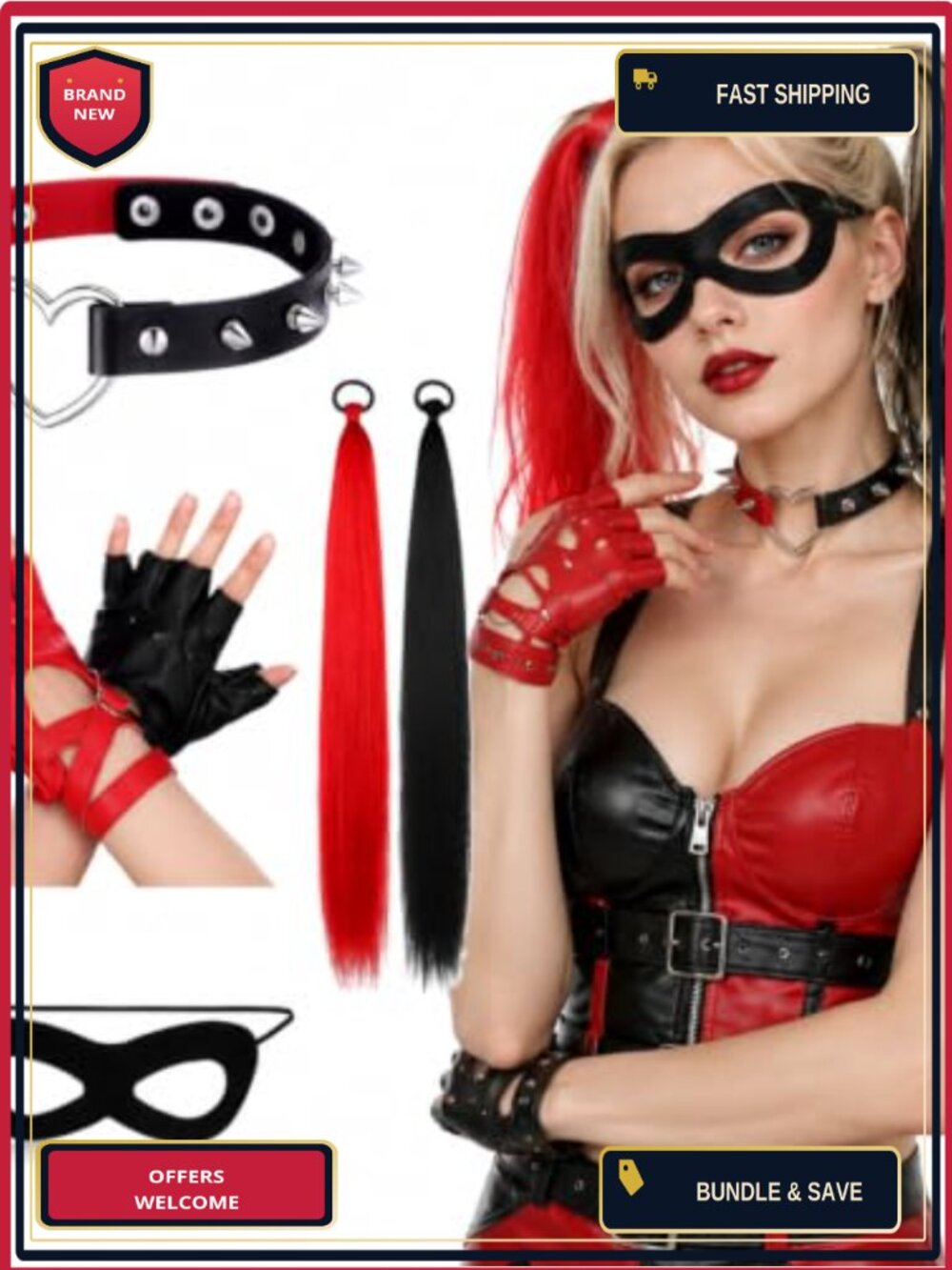 Joker Costume Accessory Set Studded Collar Gloves Ponytail Extensions Eye Mask